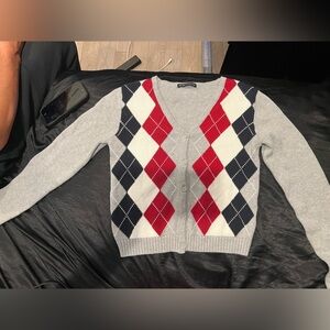 Brandy Melville Gray and Red Cardigan Sweater Argyle